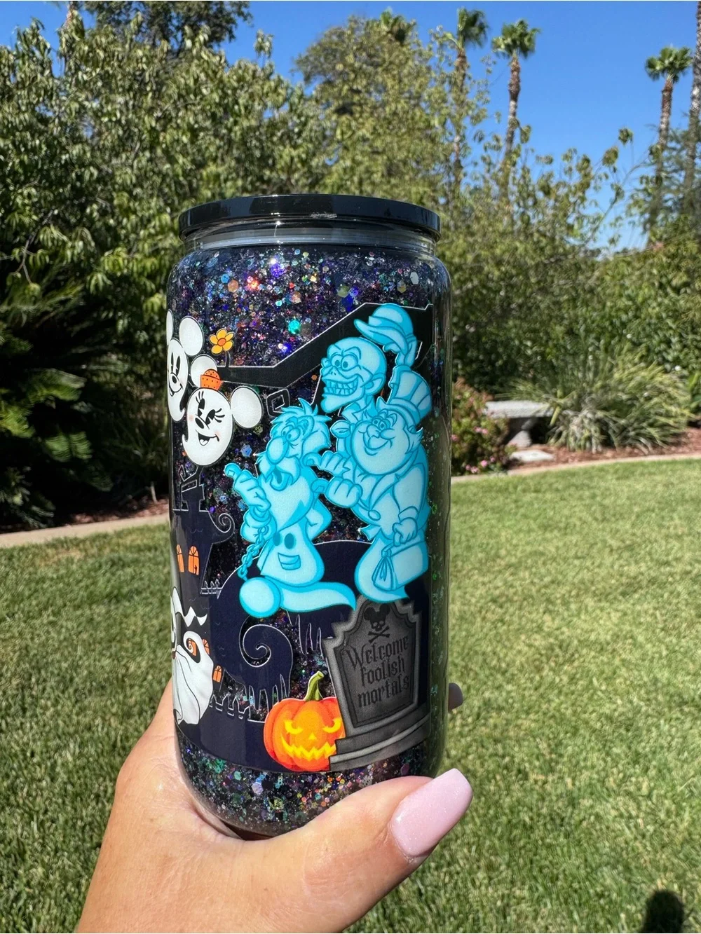Haunted mansion holiday nightmares before Christmas snow globe glass Tumbler